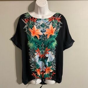 Liz Claiborne navy blouse with floral panel. Size XL